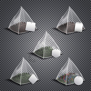 丝质尼龙金字塔现实茶袋收集与各种形状的白色空白标签透明背景矢量插图金字塔茶袋现实透明背景图片