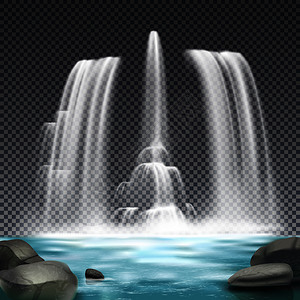 矢量瀑布瀑布喷泉水厂写实建筑元素与石头瀑布黑暗透明的背景矢量插图喷泉水厂真实透明背景插画