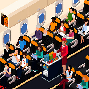 离开座位飞机乘客机人员等距成与食物饮料符号矢量插图飞机乘客成插画