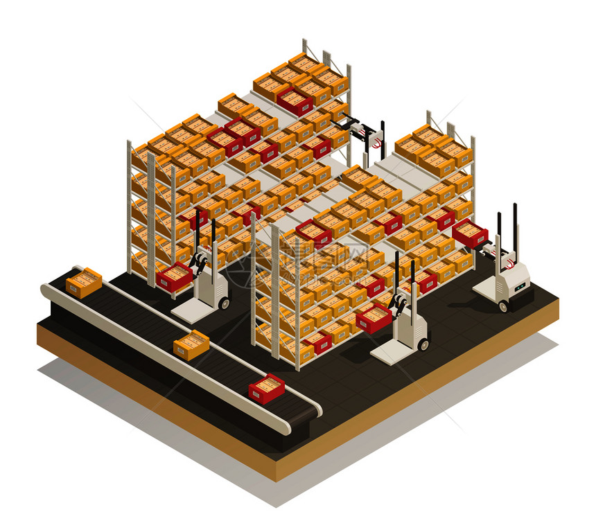 最新的全自动超市商店货架补充技术等距成与输送机产品交付矢量插图超市货架补货等距成图片