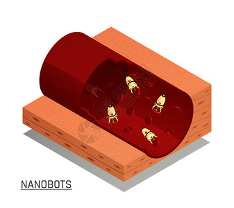 创新的纳米技术医学测试诊断治疗与纳米机器人流经血管等距成矢量插图纳米机器人血管等距成背景图片