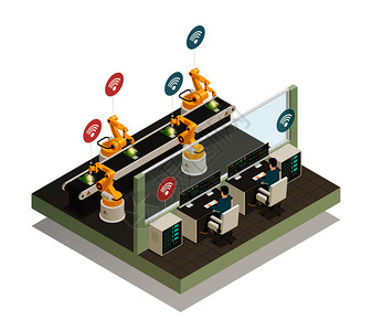 生产装置智能工业智能制造全自动焊接线与遥控机器人手等距成矢量图智能工业制造等距成插画