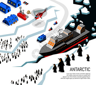 破冰船南极大陆冰盖陆地等距海报与破冰研究站沉降企鹅直升机矢量插图南极破冰企鹅沉降海报插画
