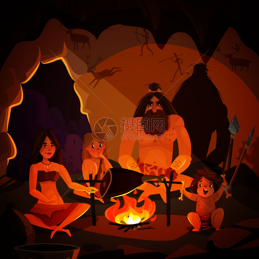 卡通海报与穴居人家庭穿着动物皮尔特烹饪肉篝火洞穴矢量插图穴居人家庭卡通插图图片