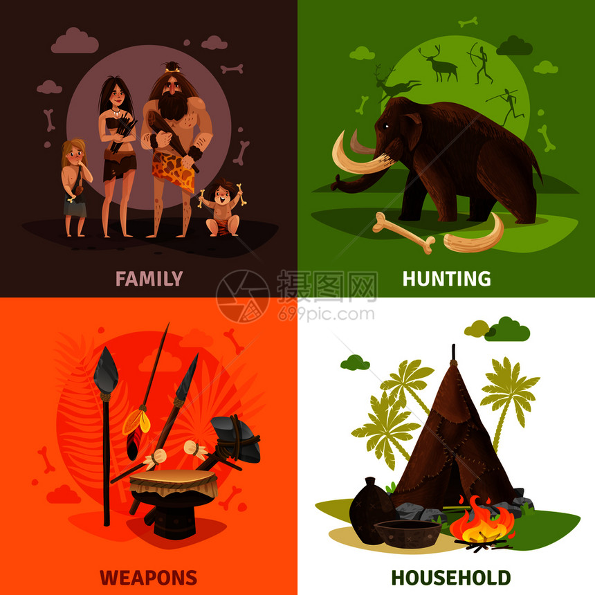 史前石器时代2x2与穴居人家庭狩猎家庭广场图标卡通矢量插图石材时代2x2理念图片