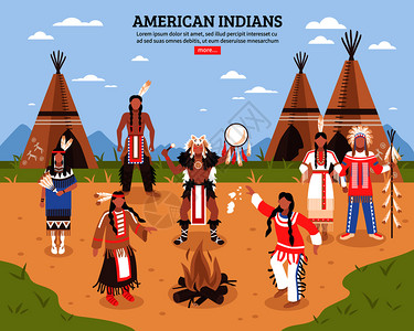 美国印安人卡通海报与TEEPES部落位置美洲土著人围绕火平矢量插图跳舞美国印安人海报背景图片