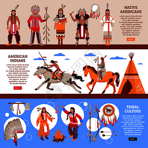 美洲土著人水平横幅与印安人民族服装假发部落文化元素卡通矢量插图美洲土著人水平横幅背景图片