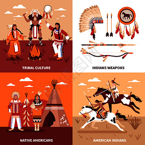 土著文化美国印安人2x2集部落文化印安土著美国人广场图标平矢量插图美国印安人2x2理念插画