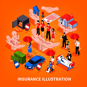 住宅海报保险等距向量插图与医疗服务,银行安全,财产运输保护要素保险等距矢量图插画