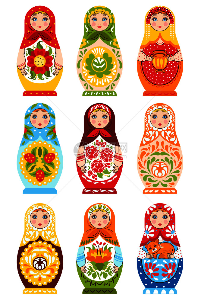套九个彩色筑巢娃娃画传统手工俄罗斯装饰品孤立矢量插图套九个五颜六色的筑巢娃娃图片
