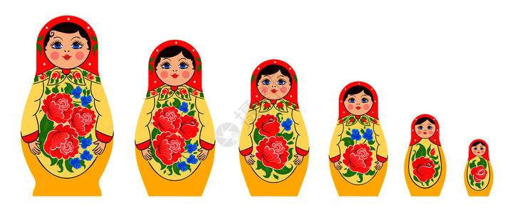 通金斯卡娅Matryoshkasemyonovskaya家的嵌套娃娃平同大小的图像与相同的着色矢量插图嵌套俄罗斯娃娃套插画