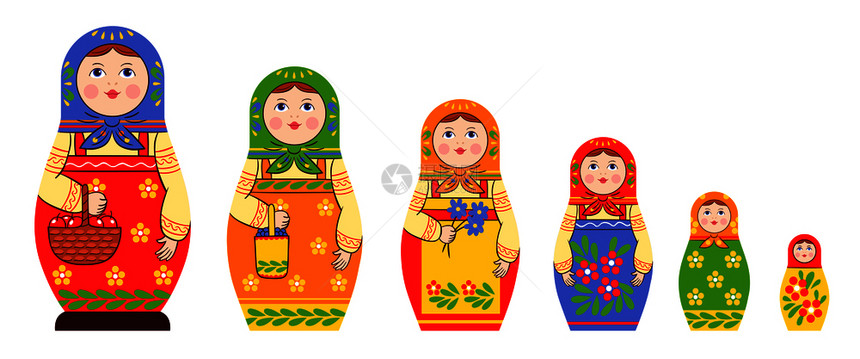 马蒂洛什卡扎戈里家族的套平孤立堆叠的俄罗斯娃娃图像的同大小颜色模式矢量插图马蒂洛什卡平图标集合图片