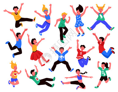 跳跃儿童平图标与人类角色的青少儿童各种姿势矢量插图快乐跳跃的孩子设定背景图片