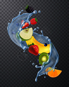 水甜瓜现实的水溅与新鲜草莓,黑莓,甜瓜,猕猴桃段黑暗透明的背景矢量插图水果水溅透明插画