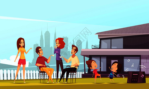 邻居聚会卡通矢量插图与轻的幸福家庭他们的孩子草坪上跳舞,靠近现代舒适的小屋邻居派卡通插图背景图片