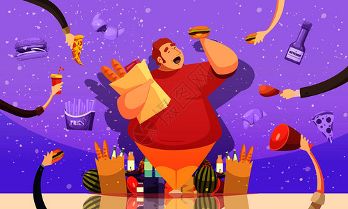 食物摄入暴食导致肥胖卡通海报与胖子汉堡包装烘焙食品矢量插图暴食导致肥胖海报插画