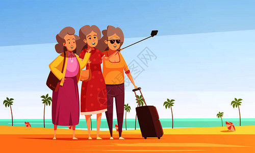 奥南海滩三位老妇女南海滩背景平矢量插图上自拍抗老化矢量图插画
