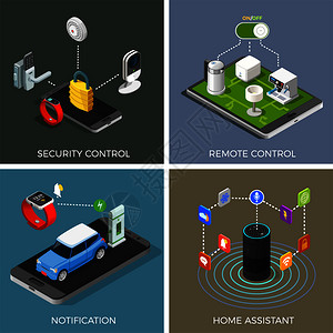 智能手机控制家电物联网等距与家庭助理,通知,安全系统,遥控器孤立矢量插图物联网等距插画