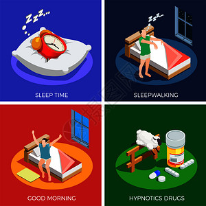 睡眠时间等距与梦中行走,健康觉醒,催眠药物孤立向量插图睡眠时间等距背景图片