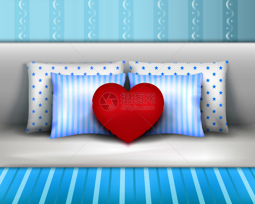 枕头床上的床头板现实构图与条纹床尾心形垫矢量插图床上用品枕头垫实感构图图片