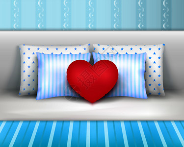 红色条纹枕头枕头床上的床头板现实构图与条纹床尾心形垫矢量插图床上用品枕头垫实感构图插画