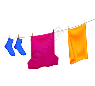 挂袜子洗过的洗衣颜色现实的构图与t恤毛巾袜子的图像挂晾衣绳矢量插图干燥洗衣颜色成插画