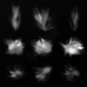 水蒸气烟雾透明背景矢量图上,用半透明的蒸汽雾小颗粒成的真实爆炸云的爆炸集现实的爆炸烟雾插画