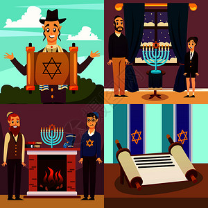 卡通犹太人人物2x2收集平图像与人类人物精神物品矢量插图犹太民族理念图片