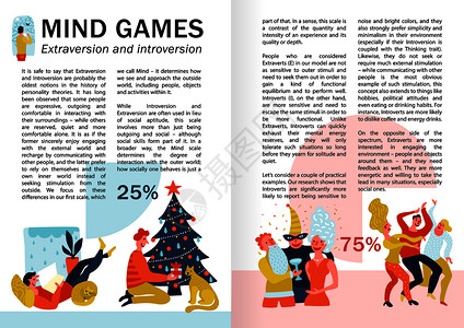 心理游戏外向内向的信息,书页与人的行为休闲矢量插图外向内向的信息插画