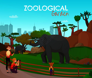 动物园卡通海报与成人儿童寻找野生大象生活动物园矢量插图动物园卡通海报图片
