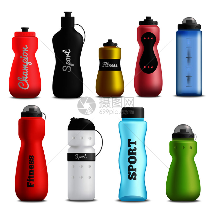 健身跑步运动水瓶,各种形状,大小颜色,逼真的物体,收集矢量插图健身饮料瓶写实套图片