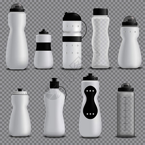 暖瓶健身运行搅拌机运动水瓶各种形状白色现实物体收集透明背景矢量插图健身瓶现实透明插画