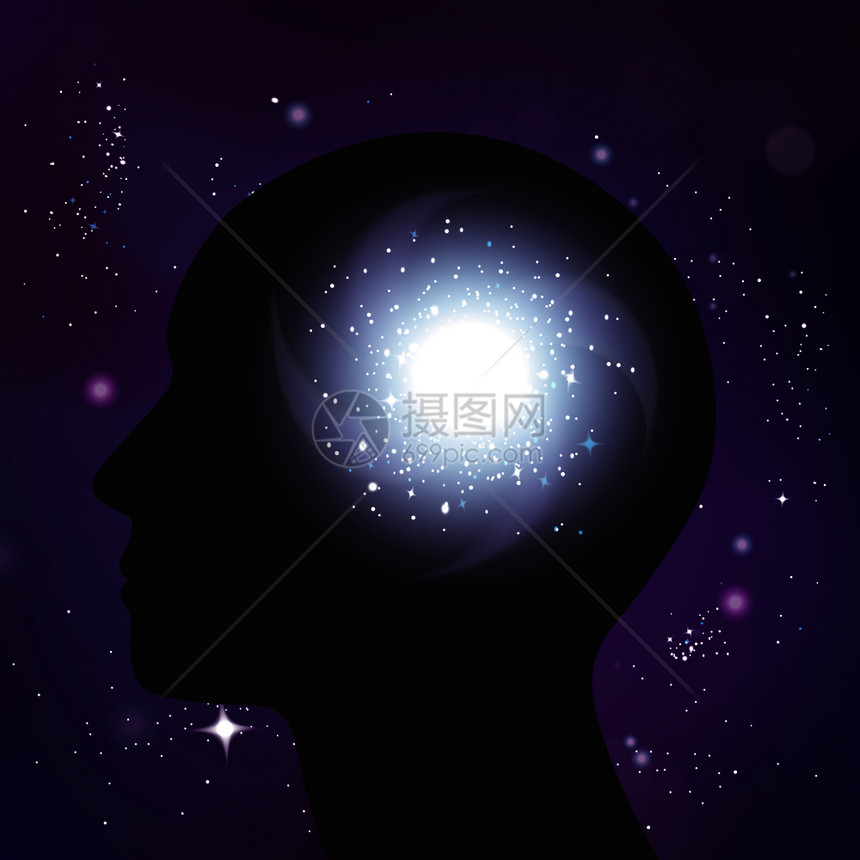 星系心理学的真实构图与黑暗的人头轮廓叠加图像的星矢量插图宁静星系的大脑成图片