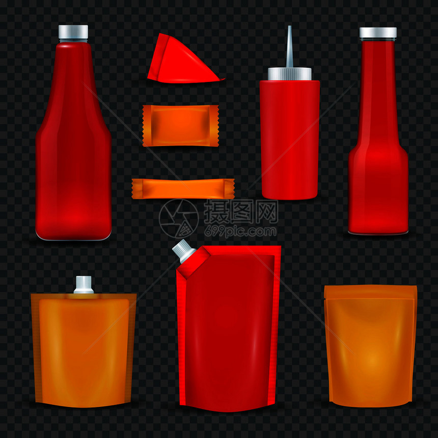 酱瓶分配器挤压袋包装真实的红色黄色项目黑色透明背景隔离矢量插图酱瓶包装透明背景图片