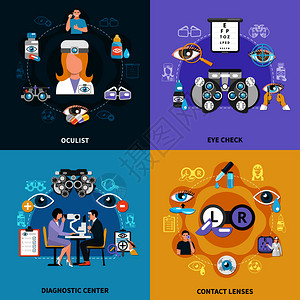 眼科医生4个平图标成与眼科诊断中心视觉测试校正孤立矢量插图计算器4图标插画