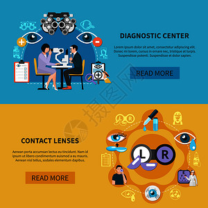 眼科中心眼科2水平横幅网页与光学诊断隐形眼镜用护理信息矢量插图眼科护理横幅插画