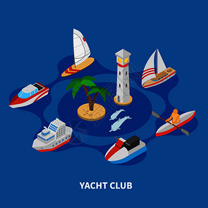 海豚岛游艇俱乐部等距圆形构图蓝色背景与帆摩托艇,拖船,灯塔矢量插图游艇俱乐部圆形作文插画