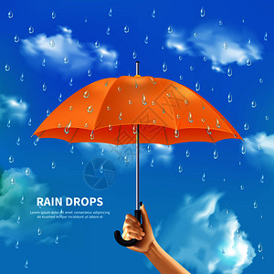 降水量雨滴现实海报与人们手握打开橙色伞多云的天空背景矢量插图多云天空背景上的橙色雨伞插画