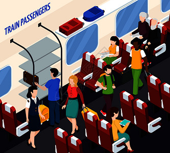乘客女售票员火车内部与红色扶手椅,行李架等距成矢量插图列车乘客等距成插画