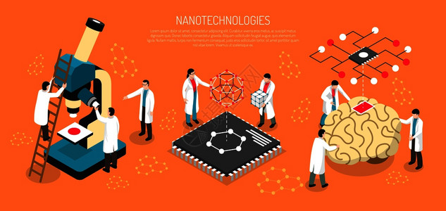 作文科学纳米技术等距成橙色背景下与科学家,人脑与微芯片水平矢量插图纳米技术水平插图插画