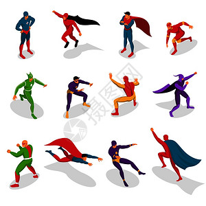 超级英雄五颜六色的服装各种动作等距图标孤立矢量插图超级英雄等距集背景图片