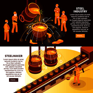铸造工人冶金工业2等距横幅与钢铁制造商铸造铸铁模具输送机矢量插图钢铁工业等距横幅插画