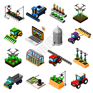 农业等距图标集远程控制机器人用于犁耕栽培收获孤立矢量插图农业机器人等距图标插画