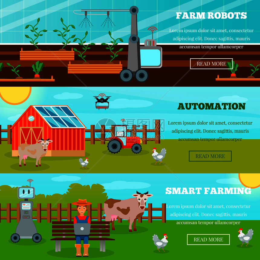 智能农业水平横幅与农场机器人无人机物联网农业平矢量插图聪明的农业水平横幅图片