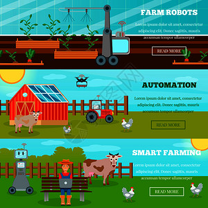 智能农业水平横幅与农场机器人无人机物联网农业平矢量插图聪明的农业水平横幅背景图片