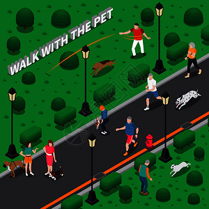 人们散步玩他们的宠物狗公园等距构图三维矢量插图宠物作文的人图片