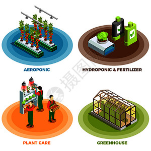 水培气培2x2与肥料温室植物护理等距元素矢量图水培气培2x2理念图片