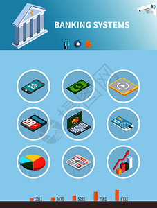 业务系统数据等距集的信息象形文字为银行系统与图像的货币小工具矢量插图银行等距图标背景插画