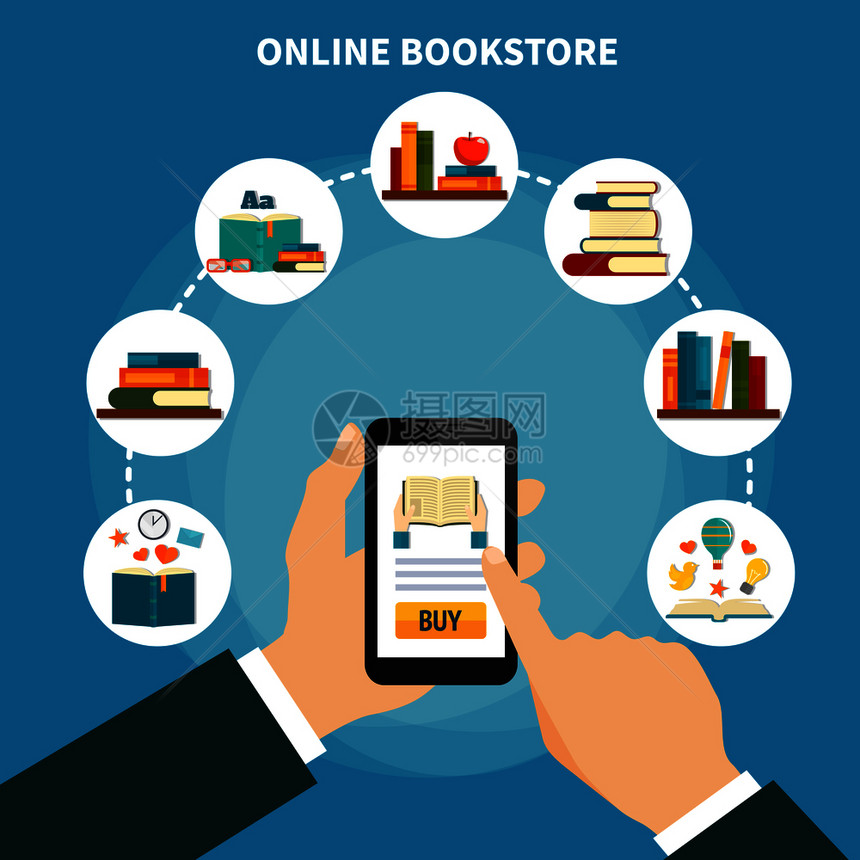 互联网书店蓝色背景下与智能手机手,购买文学线矢量插图网上书店作文图片