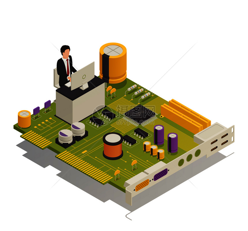 半导体电子元器件计算机应用符号等距成与桌用户安装电路板矢量插图半导体电子元件等距成图片
